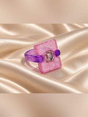 Pink & Purple Glitter Resin Statement Ring Size 7 | Geometric Rhinestone | New